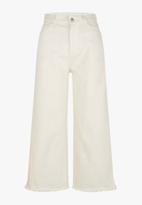 Wijdvallende, crèmekleurige denimbroek met een hoge taille, voorzien van een onafgewerkte zoom en voorzakken. Geschikt van katoen met minimale stiksels.