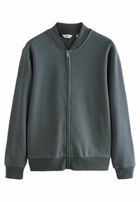 Veste bomber zippée gris foncé, avec col et poignets côtelés, fabriquée en tissu lisse, coupe décontractée sans motifs apparents.