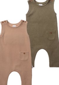 Two sleeveless romper suits displayed together. One is beige, the other olive green, both with ribbed texture and front pockets with wooden buttons.