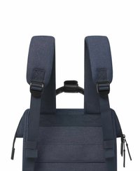 Navy backpack with padded, adjustable shoulder straps, reinforced top handle, and multiple exterior webbing for attachment. Textured fabric finish.