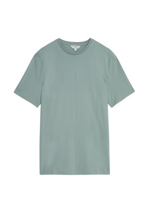 Kurzärmliges, pastellgrünes T-Shirt aus weicher Baumwolle. Verfügt über einen Rundhalsausschnitt und ein einfaches, unauffälliges Design.