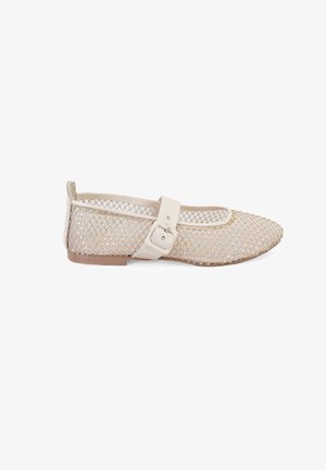 Beige mesh ballet flat with a rounded toe, decorative buckle strap, and sparkly accents. Flat sole with a textured finish.