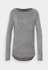 T-shirt grigio a maniche lunghe realizzato in materiale morbido. Presenta un collo rotondo, maniche a raglan e un orlo leggermente curvo per una vestibilità rilassata.