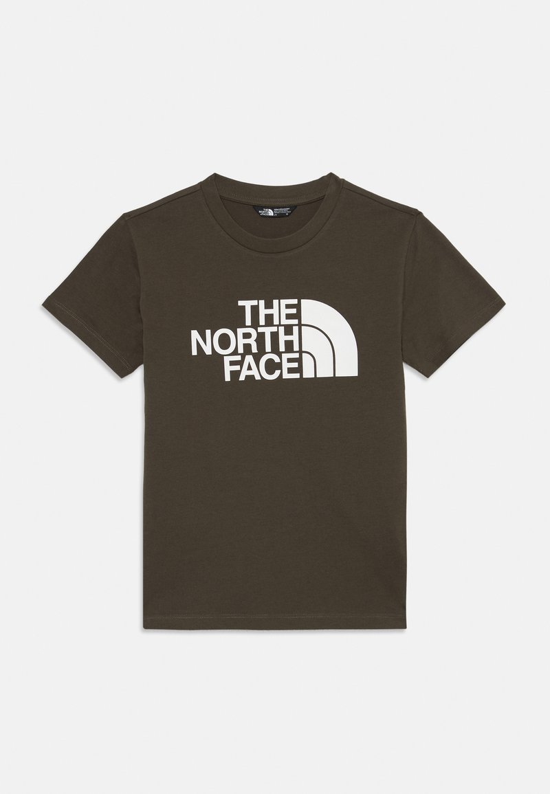 Olivgrön bom shirts med en vit "The North Face"-logga. Klassisk t-shirt med rund hals och korta ärmar samt en mjuk textur.