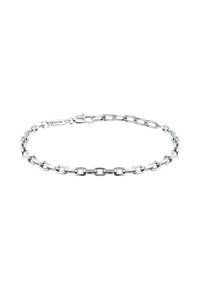 Bracciale in argento con maglie ovali, finitura lucida e chiusura sicura. Un elemento distintivo è un piccolo tag con il marchio.