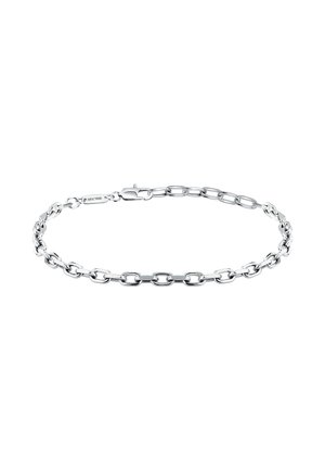 Bracciale in argento con maglie ovali, finitura lucida e chiusura sicura. Un elemento distintivo è un piccolo tag con il marchio.