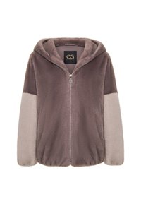Giacca in pile con zip e cappuccio, in tonalità di marrone e beige. Presenta una trama morbida, polsini elasticizzati e un'etichetta con logo sul collo.
