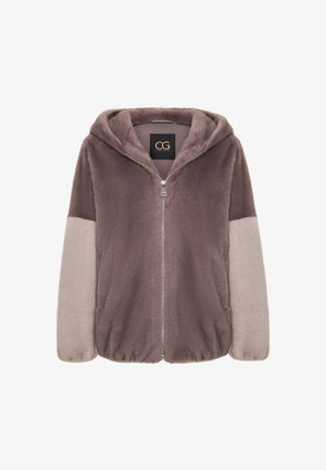 Polarowa kurtka zapinana na zamek z kapturem, w odcieniach brązu i beżu. Posiada miękką fakturę, elastyczne mankiety oraz metkę z logo przy szyi.
