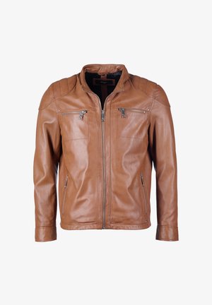 Veste en cuir marron avec fermeture éclair à l'avant, deux poches sur la poitrine et deux poches latérales ; texture lisse avec un design ajusté.