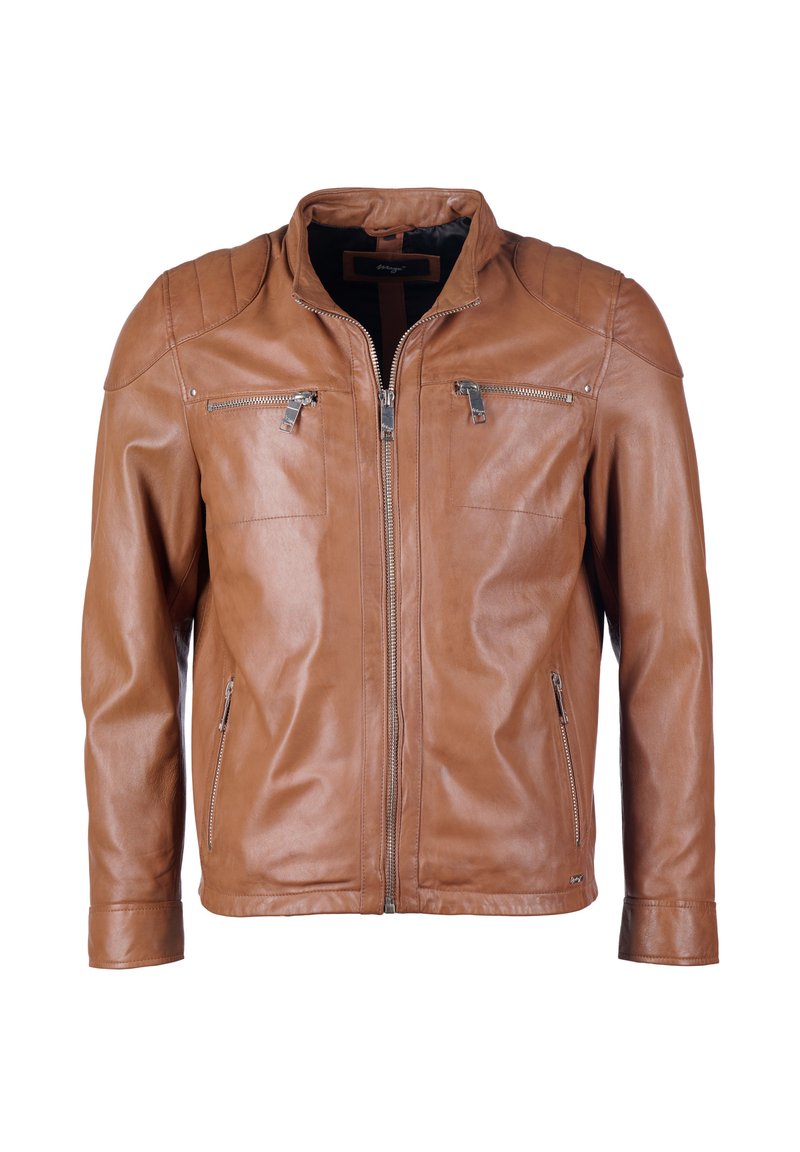 Braune Lederjacke mit Reißverschluss, zwei Brusttaschen und zwei Seitentaschen; glatte Textur mit taillierter Passform.