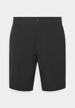 Schwarze Shorts aus leichtem Stoff, mit Knopfverschluss, flachem Bund und Seitentaschen. Glatte Textur und eine Länge über dem Knie.