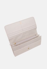 Light gray wallet made of smooth leather, featuring multiple card slots, a zippered compartment, and a gold snap closure.