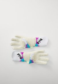 Keepershandschoenen met een witte, gespikkelde design. De pols heeft een levendige gradient van roze en blauw met contrasterende zwarte branding.