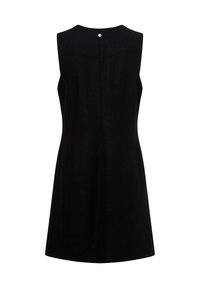 Schwarzes ärmelloses Kleid mit glatter Textur, figurbetontem Schnitt und einer Knopfdetaillierung im Rücken. Es hat ein klares, schlichtes Design ohne Muster.