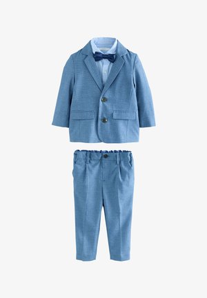 Blauer Kleinkinder-Anzug mit kleinem Karo-Muster, inklusive Blazer mit zwei Knöpfen, passenden Hosen, hellblauem Hemd und dunkelblauer Fliege.