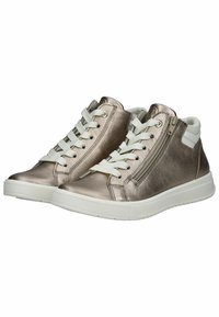 Sneakers alte in pelle metallizzata oro rosa con lacci bianchi, zip laterale e suola in gomma, caratterizzati da una finitura testurizzata.