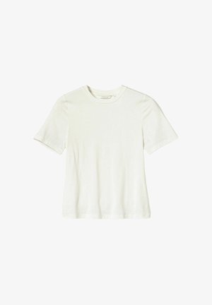 Wit T-shirt met korte mouwen van zacht katoen. Heeft een ronde hals en een eenvoudig ontwerp zonder patronen of versieringen.