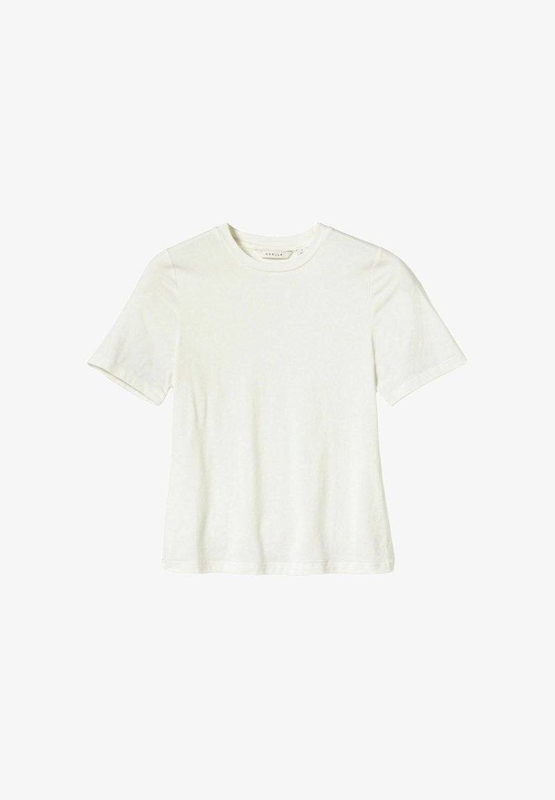 T-shirt blanc à manches courtes en coton doux. Présente un col rond et un design simple sans motifs ni embellissements.
