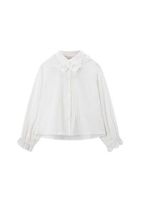 White long-sleeve blouse with scalloped eyelet lace collar and cuffs, front button closure, and subtle vertical pleats on the front.
