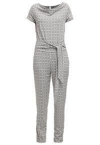 Jumpsuit con motivo geometrico in bianco e nero, maniche corte, scollo rotondo, vita cintrata, cintura da annodare e gambe taper.