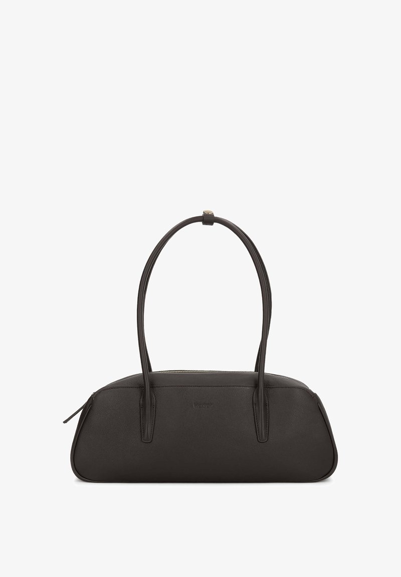 Sac à main en cuir noir avec longues anses doubles et fermeture éclair en haut, présentant un design simple et lisse de la surface.