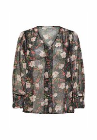 Blusa floreale trasparente con scollatura a V, maniche lunghe a palloncino e polsini arricciati. Presenta uno sfondo scuro con fiori rosa e viola.