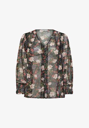 Blouse florale transparente avec un col en V, de longues manches bouffantes et des poignets froncés. Présente un fond sombre avec des fleurs roses et violettes.
