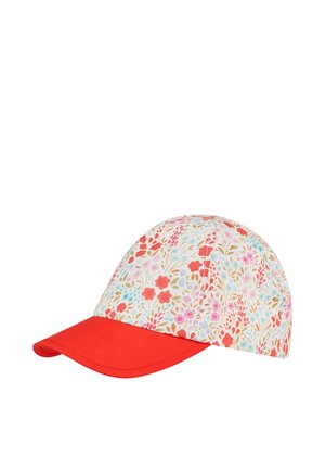 Mütze mit rotem Schirm und einer weißen Krone, bedeckt mit einem bunten Blumenmuster aus roten, rosa, blauen und goldenen Blumen und Blättern.