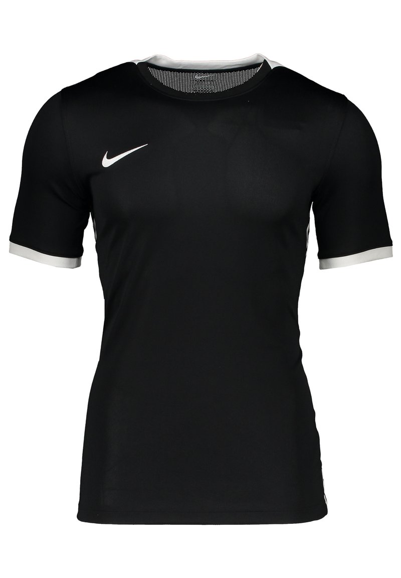  camiseta atlética negra de Nike con mangas cortas, cuello redondeado y acentos blancos en los puños de las mangas. Tejido suave y ligero.