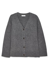 Grau gestrickte Strickjacke mit V-Ausschnitt, fünf braunen Knöpfen vorne, gerippten Bündchen und Saum. Strukturierter Stoff mit weicher Optik.