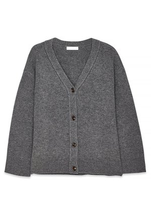 Hallid hall kudumiga kardigan V-kaelusega, ees viis pruunist nuppu, ribikätised ja äär. Tekstuurne kangas, millel on pehme välimus.