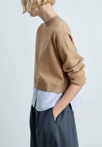 Hellbraunes, cropped Sweatshirt aus weichem Strick mit rundem Halsausschnitt, über einem weißen Hemd mit Knöpfen getragen, kombiniert mit dunkelgrauen, weiten Hosen.