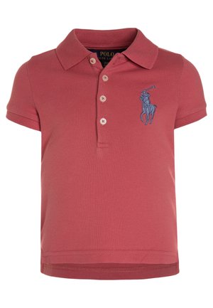 Børns kortærmede polo i støvet rosa med tre knapper og et blåt broderet polo-spiller-logo på brystet.