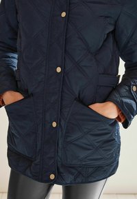 Giacca trapuntata blu navy con bottoni a pressione dorati, due tasche laterali, finitura testurizzata e colletto foderato in pelliccia sintetica.