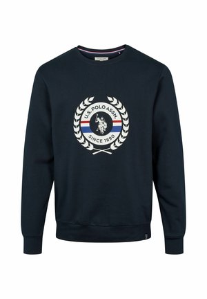 Tamno plavi dukserica od pamuka, s okruglim logom U.S. Polo Assn. koji sadrži lovorove listove i ukrštene palice s bijelim i crvenim detaljima.