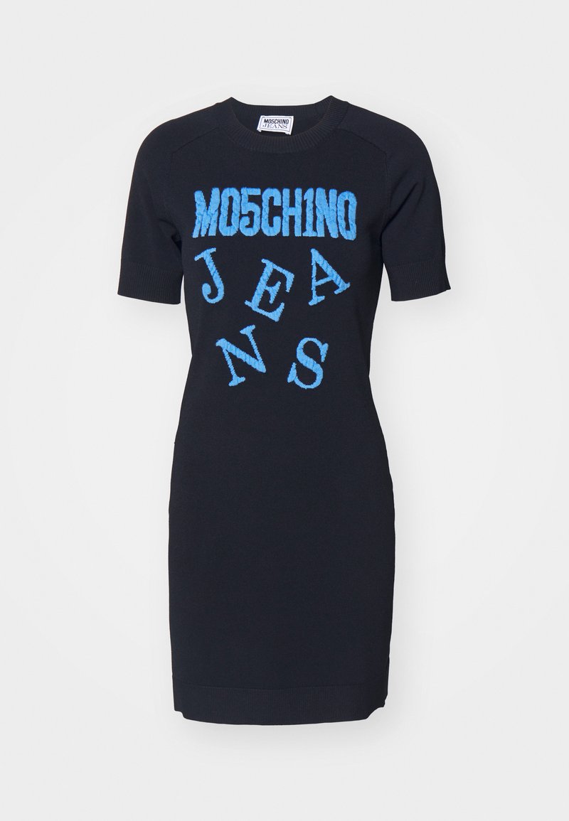 Navy knit dress with short sleeves featuring bold, raised blue text "MOSCHINO JEANS" in varying fonts and sizes. Fitted silhouette.
