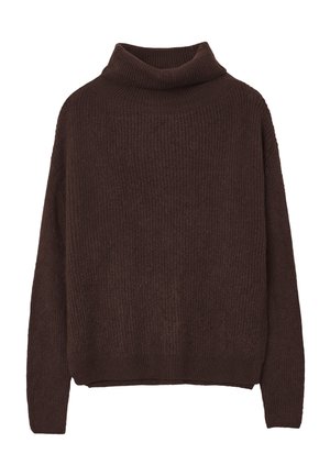 Maglione a collo alto lavorato a maglia di colore marrone, con una vestibilità ampia, texture a costine e maniche lunghe. L'orlo è leggermente accorciato per un look rilassato.