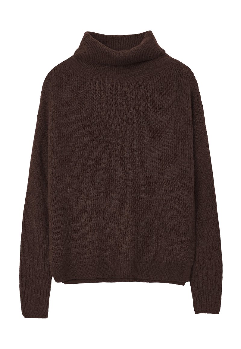 Maglione a collo alto lavorato a maglia di colore marrone, con una vestibilità ampia, texture a costine e maniche lunghe. L'orlo è leggermente accorciato per un look rilassato.