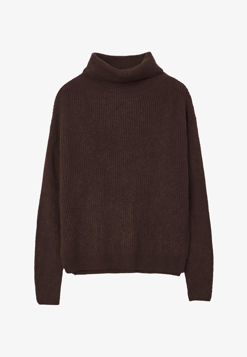Maglione a collo alto lavorato a maglia di colore marrone, con una vestibilità ampia, texture a costine e maniche lunghe. L'orlo è leggermente accorciato per un look rilassato.