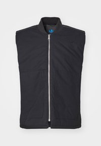 Veste noire sans manches avec un col haut, dotée d'une fermeture éclair à l'avant, de deux poches avant et d'un détail logo discret. Texture de tissu lisse.