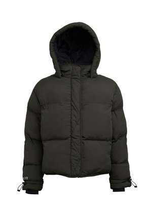 Giacca a vento verde scuro con cappuccio, dotata di chiusura con zip, polsini elasticizzati e texture trapuntata. Design leggero e isolante.