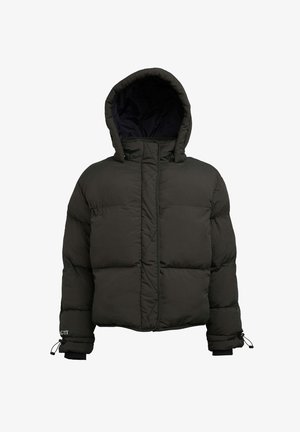 Giacca a vento verde scuro con cappuccio, dotata di chiusura con zip, polsini elasticizzati e texture trapuntata. Design leggero e isolante.