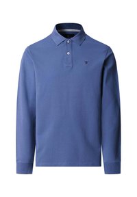 Polo de manga larga en tela de algodón azul con cuello abotonado y un pequeño logo en el lado izquierdo del pecho. Cuenta con un dobladillo recto y puños.