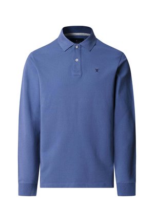 Polo de manga larga en tela de algodón azul con cuello abotonado y un pequeño logo en el lado izquierdo del pecho. Cuenta con un dobladillo recto y puños.