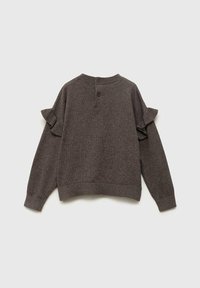Pulover gri tricotat cu accente volănașe la mâneci, decolteu rotund și nasturi pe spate. Textură moale cu o croială lejeră.
