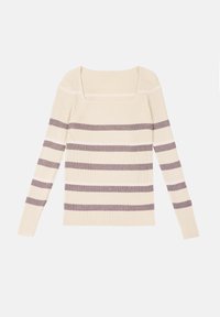 Ribbad långärmad topp i krämfärgad med grå och lila horisontella ränder, med fyrkantig halsringning och åtsittande design. Mjuk textur.