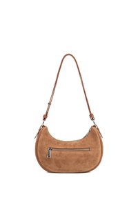 Borsa a tracolla in camoscio marrone con design curvo, singolo cinturino e tasca frontale con zip. Caratterizzata da cuciture tonali e una texture liscia.