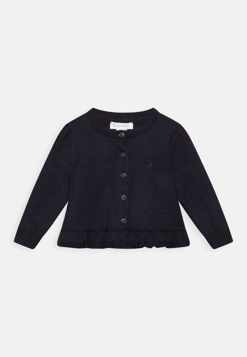 Mörk marinblå stickad cardigan med långa ärmar, ribbade avslut, volangkant och knappstängning. Har en liten logotyp på bröstet.