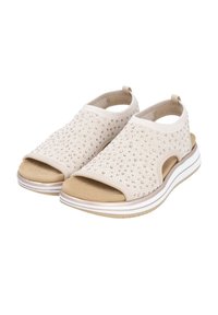 Texturierte beige Sandalen mit offenen Zehen, elastischem Obermaterial und einer leichten, gepolsterten Sohle mit weißen und braunen Streifen. Rutschfestes Design.