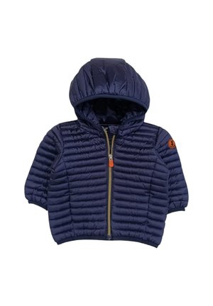Giubbotto trapuntato blu navy con cappuccio, dotato di chiusura con zip frontale, polsini elasticizzati e delicate cuciture orizzontali per texture.